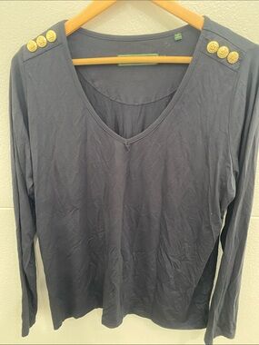 Holland Cooper Women's Navy Long-Sleeve V-Neck Top with Gold Buttons